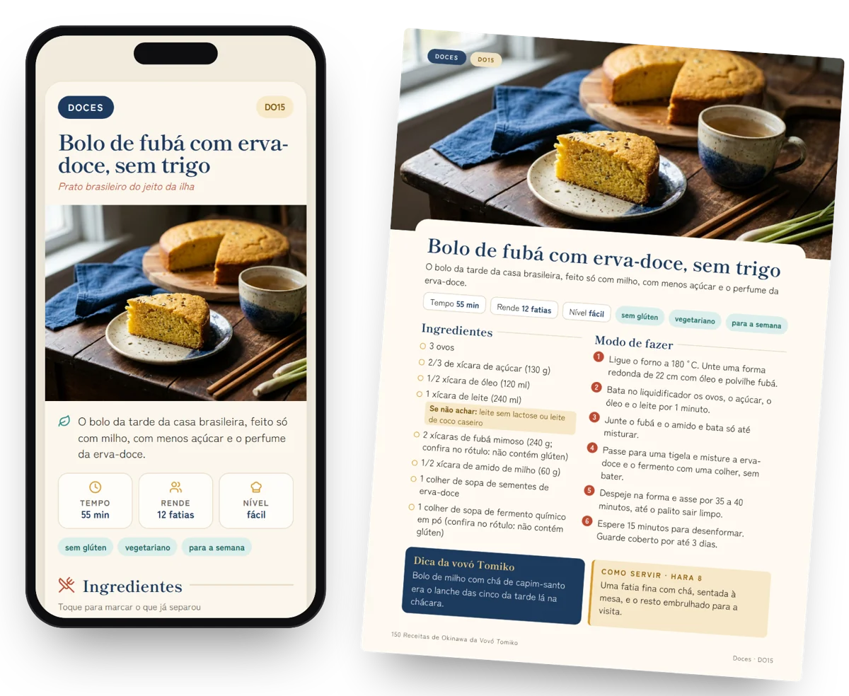 A receita no app e a página impressa